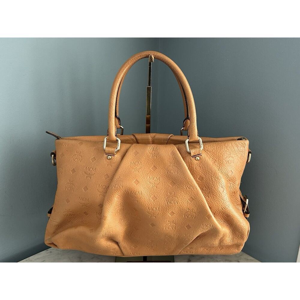 MCM Visetos Leather Cross Shoulder Bag Camel Tan Embossed Logo Purse Handbag - Picture 2 of 15